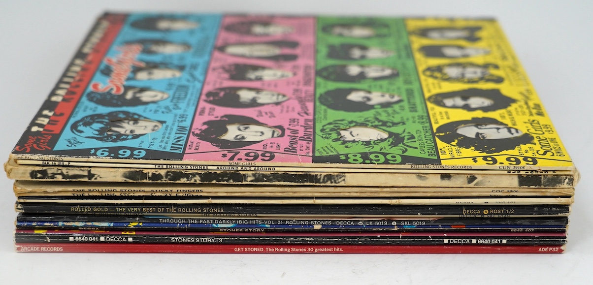 Twelve The Rolling Stones LP record albums; Some Girls, Sticky Fingers and another, Big Hits, Rolled Gold, Rock ‘n’ Rolling Stones, Through the Past, Darkly (Big Hits vol.2), Stones Story, Stones Story 3, Get Stoned. Con